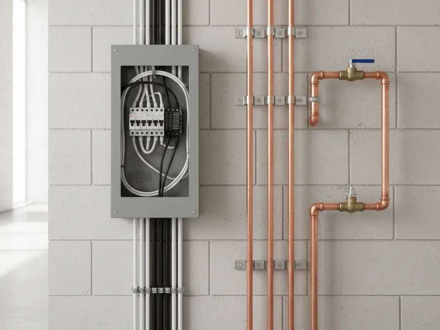 Illustration of a neat electrical panel and copper plumbing lines