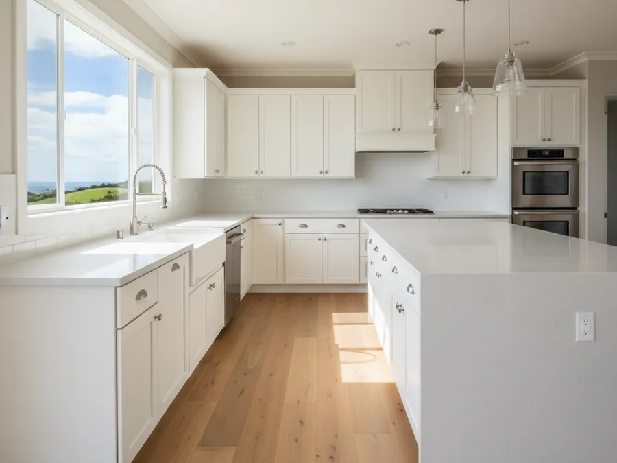 Illustration of a remodeled kitchen with white cabinets and a quartz island